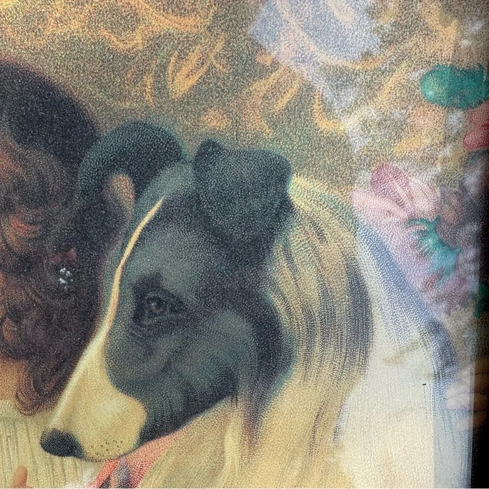 14X17 Gold Toned Metal Frame w/ Glass Litho Print 2 Victorian Girls Collie Dog